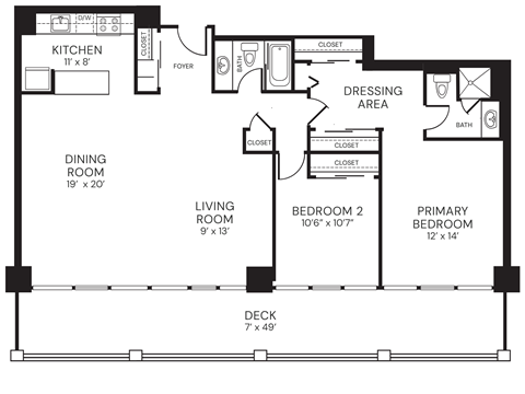 Floor plan for 2 beds, 2 baths, 1250 sqft
